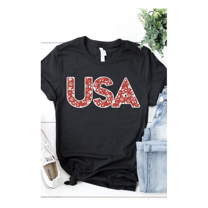 Red and White Floral USA Graphic Tee