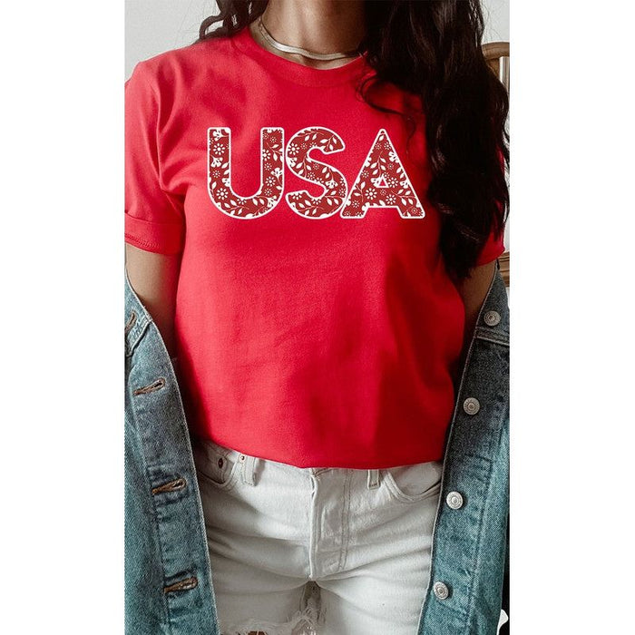 Red and White Floral USA Graphic Tee