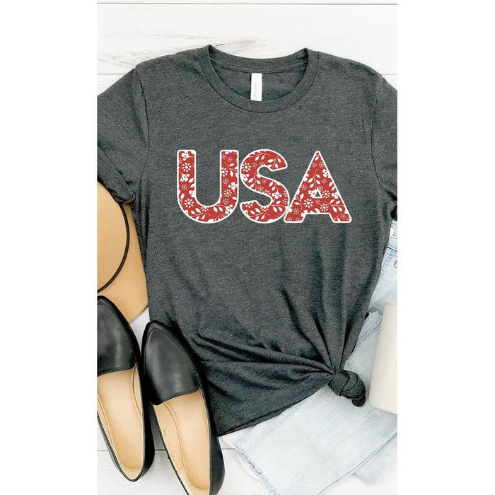 Red and White Floral USA Graphic Tee