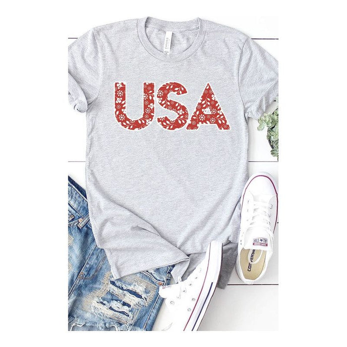 Red and White Floral USA Graphic Tee