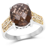 Bids.com 4.87 Carat Genuine Smoky Quartz and Yellow Diamond .925 Sterling Silver Ring Rings