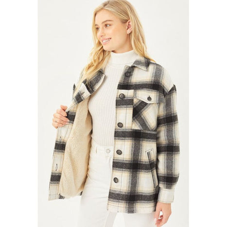 Plaid Button Up Jacket with Sherpa Lining