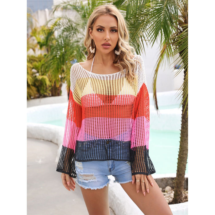 Color Block Openwork Boat Neck Cover Up