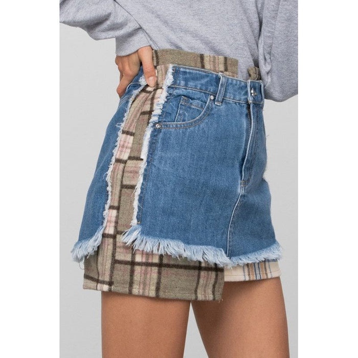 Plaid Checker Mini Denim Skirt