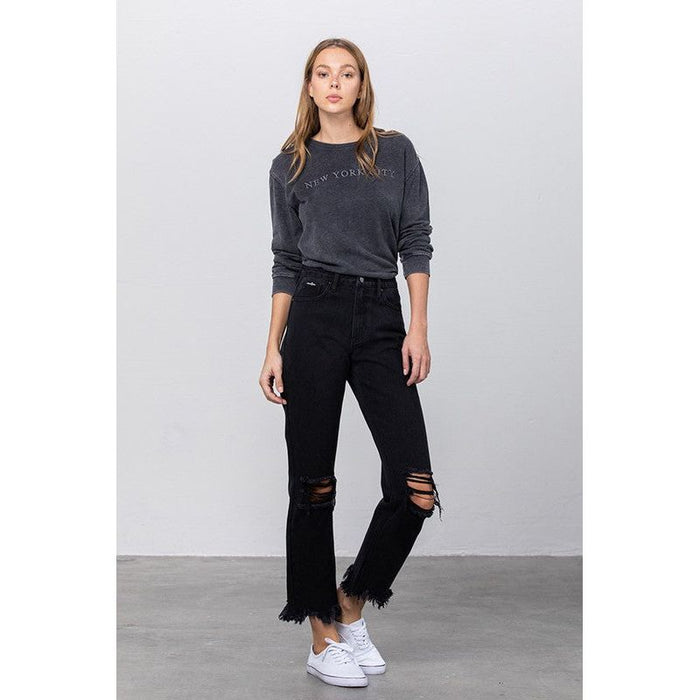 High Waist Ripped Frayed Hem Straight Jeans