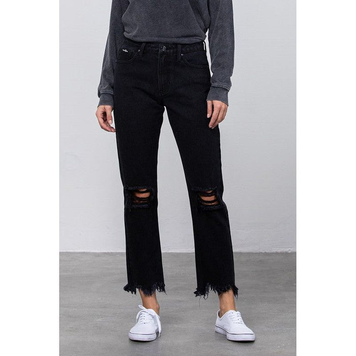 High Waist Ripped Frayed Hem Straight Jeans