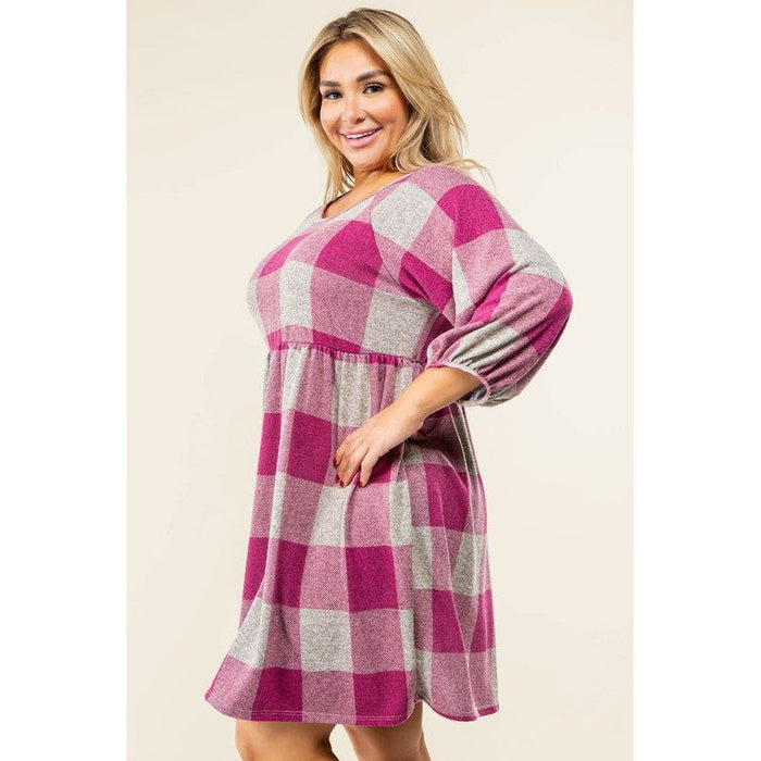 Checker Balloon Sleeve Midi Dress