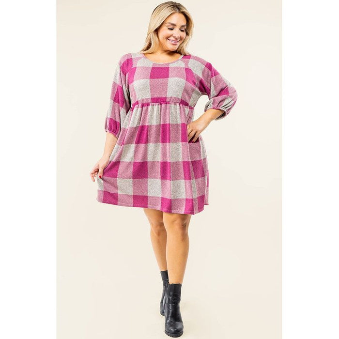 Checker Balloon Sleeve Midi Dress