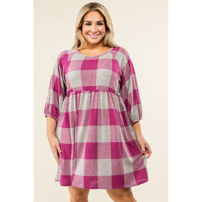 Checker Balloon Sleeve Midi Dress