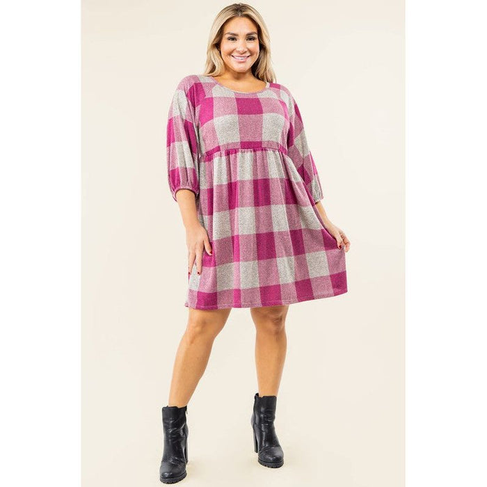 Checker Balloon Sleeve Midi Dress