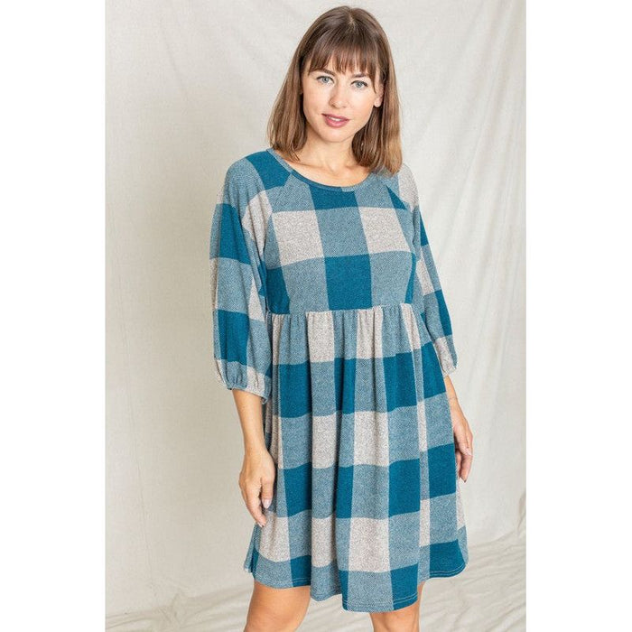 Checker Balloon Sleeve Midi Dress