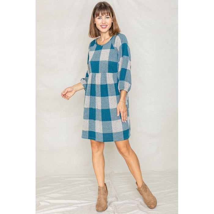 Checker Balloon Sleeve Midi Dress