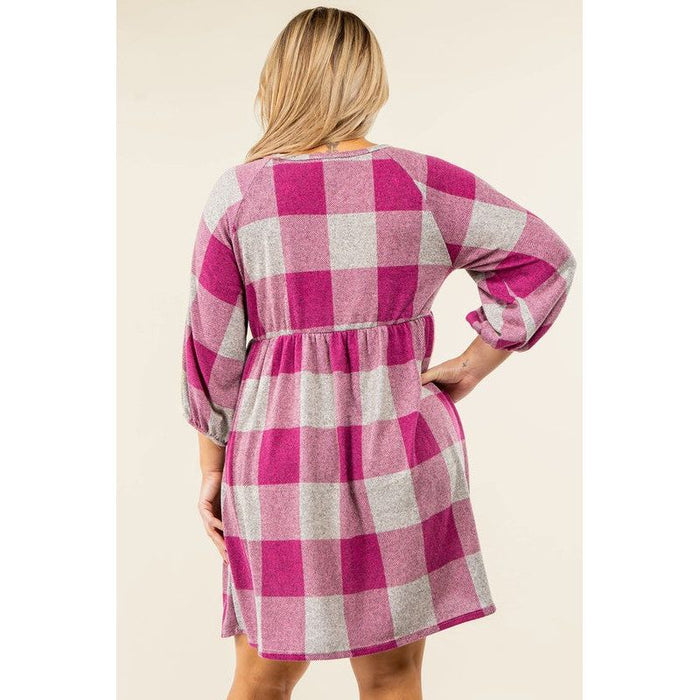 Checker Balloon Sleeve Midi Dress