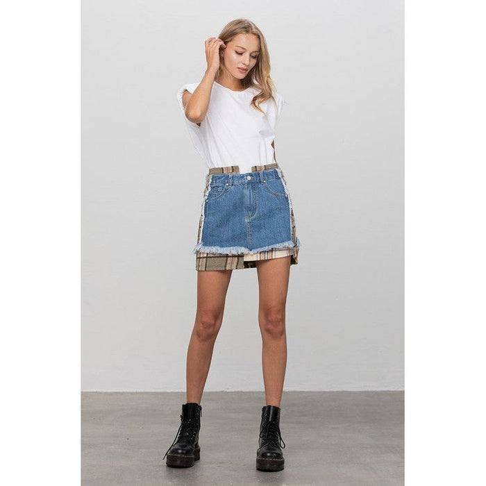 Plaid Checker Mini Denim Skirt