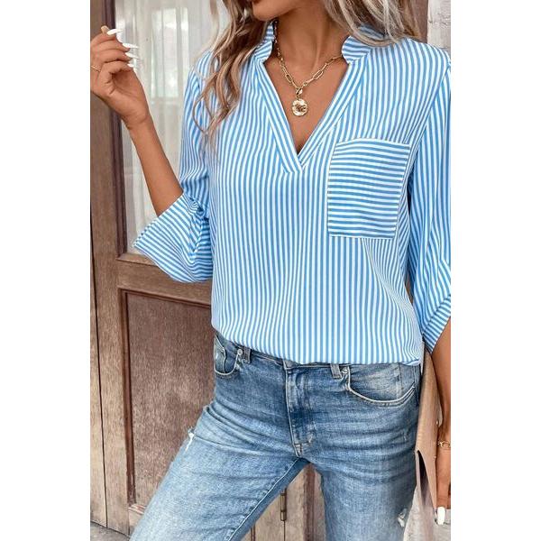 Striped Notched Roll-Tab Sleeve Shirt