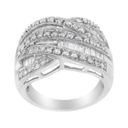 Bids.com .925 Sterling Silver 1.0 Cttw Channel Set Alternating Round and Baguette Diamond Cross-over Bypass Ring Band (I-J Color, I2-I3 Clarity) - Size 7 Rings