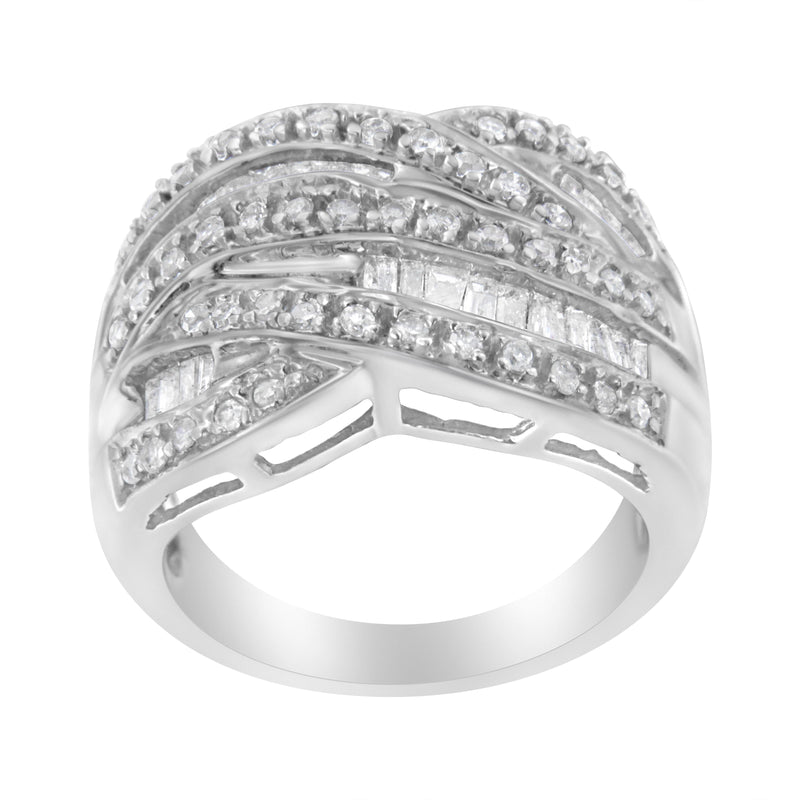 Bids.com .925 Sterling Silver 1.0 Cttw Channel Set Alternating Round and Baguette Diamond Cross-over Bypass Ring Band (I-J Color, I2-I3 Clarity) - Size 7 Rings