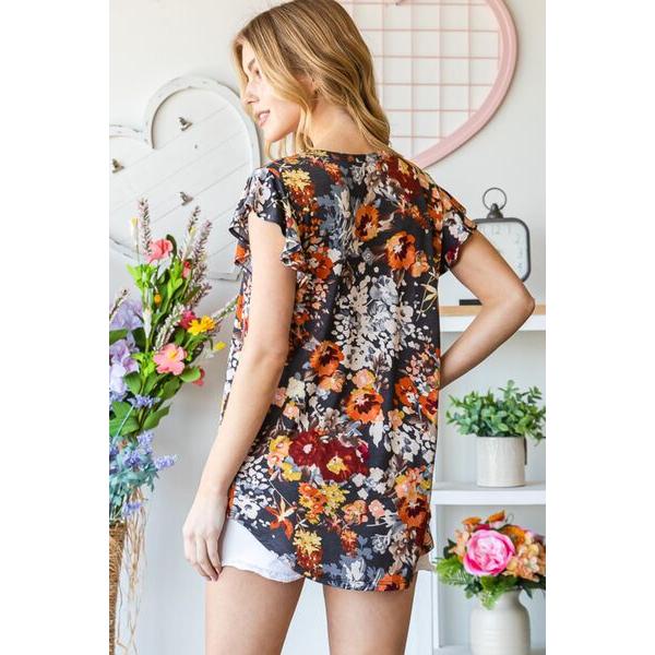 Heimish Ruffled Floral Round Neck Cap Sleeve Blouse