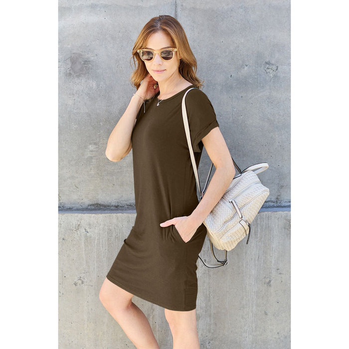 Round Neck Short Sleeve Dress with Pockets