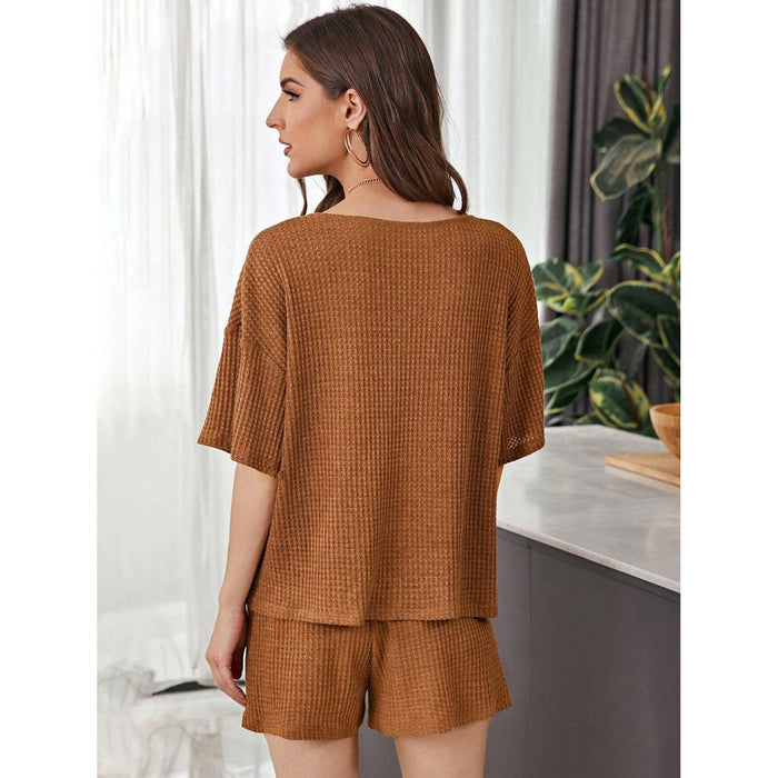 Waffle-Knit Dropped Shoulder Top and Shorts Set