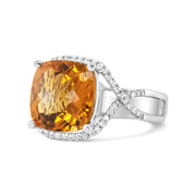 Bids.com 14K White Gold 12mm Cushion Cut Yellow Citrine Gemstone and 1/3 Cttw Round Pave-Set Diamond Ring - (H-I Color, VS1-VS2 Clarity)- Size 6.5 Rings