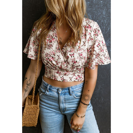 Printed Surplice Half Sleeve Blouse