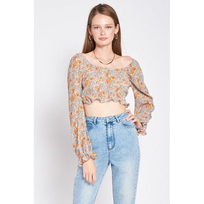 SCOOP NECK FLORAL TOP WITH RUFFLE DETAIL