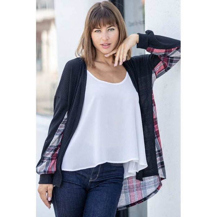 Plaid Back Waffle Knit  Cardigan