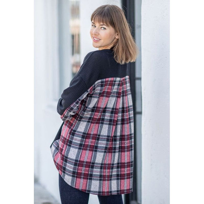 Plaid Back Waffle Knit  Cardigan