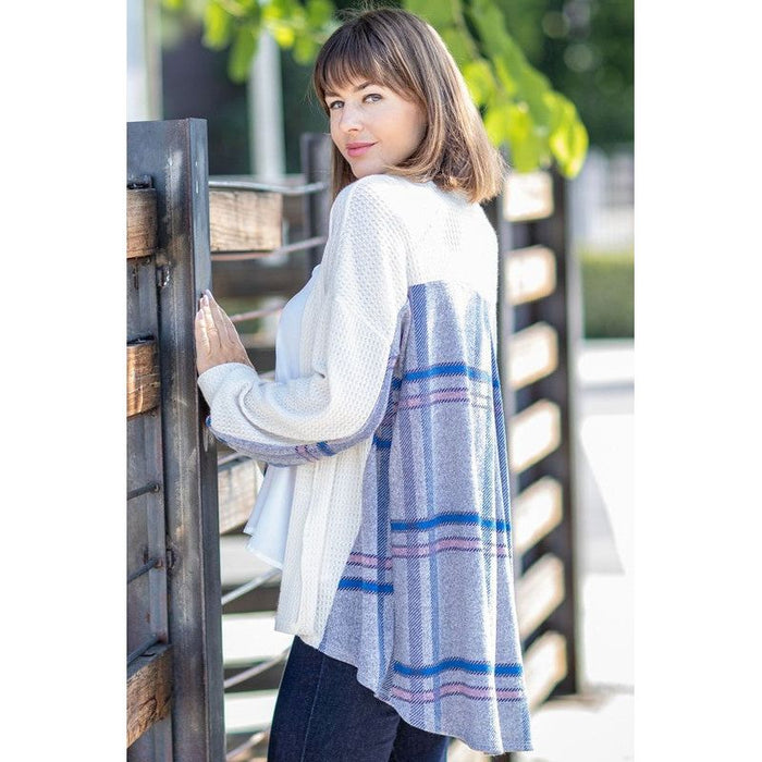 Plaid Back Waffle Knit  Cardigan