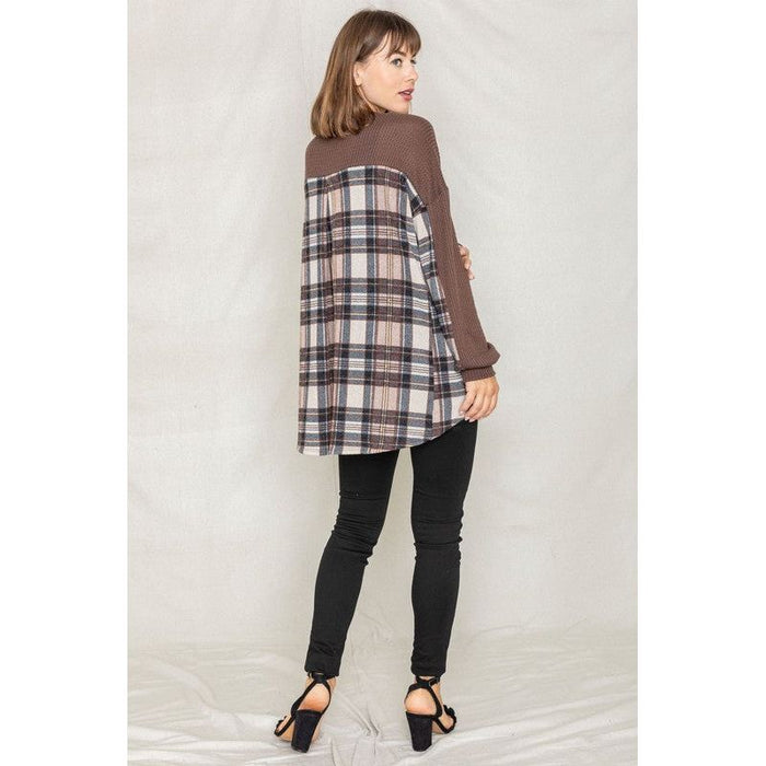 Plaid Back Waffle Knit  Cardigan