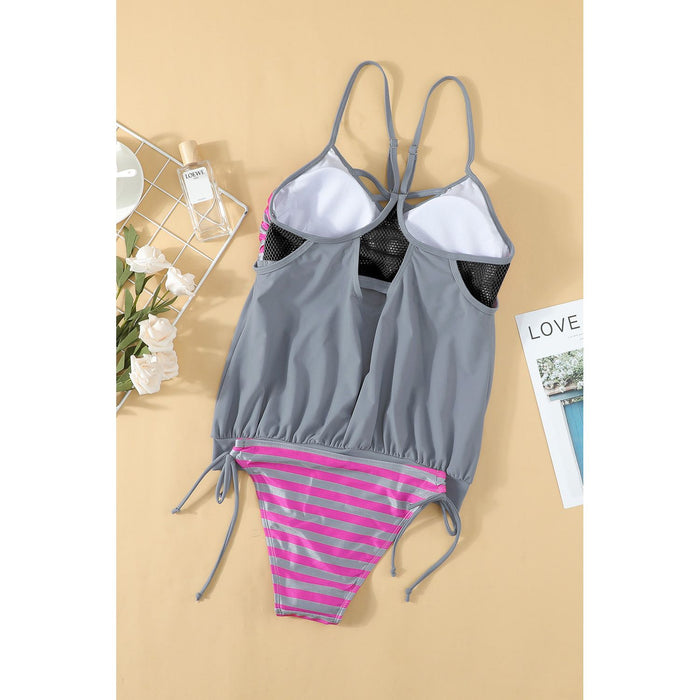 Crisscross Striped Spaghetti Strap Tankini Set