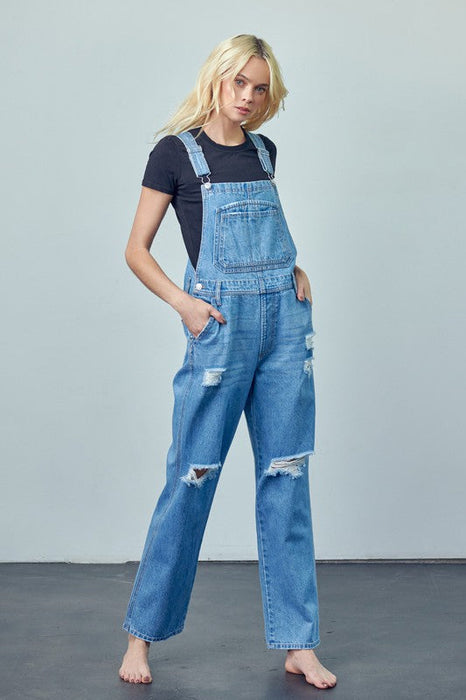 Pocket Patched Ripped Denim Overalls