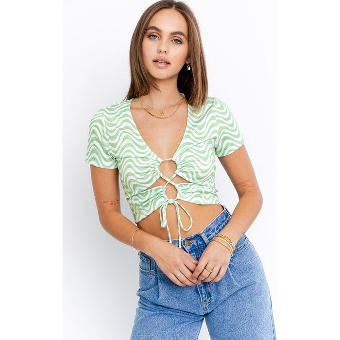 Short Sleeve Front Criss Cross Print Knit Top