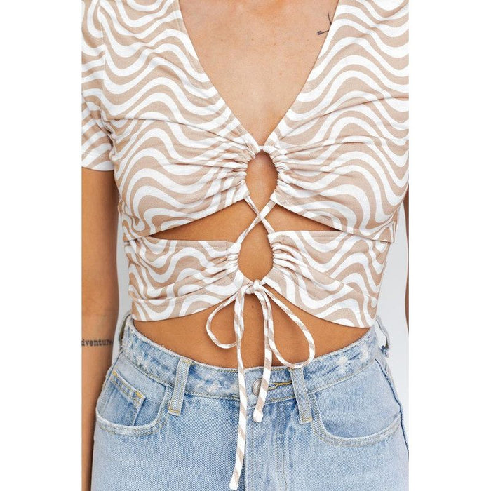 Short Sleeve Front Criss Cross Print Knit Top