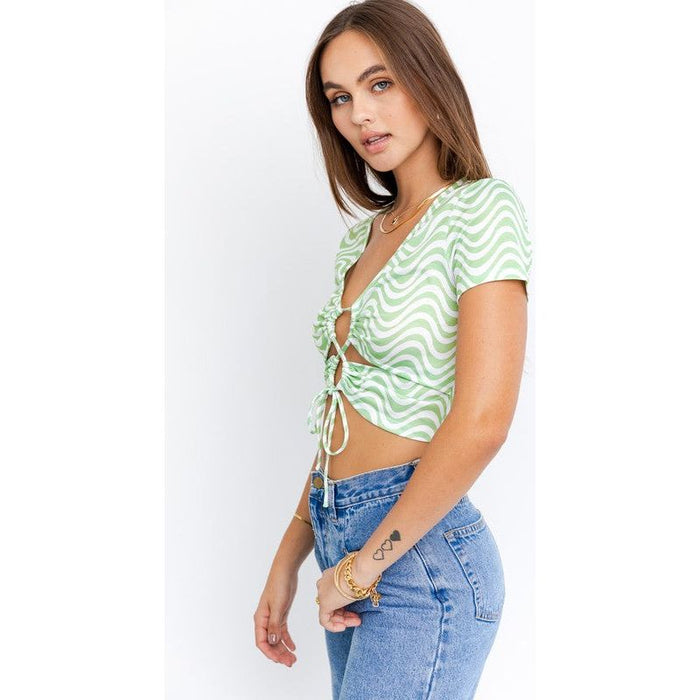 Short Sleeve Front Criss Cross Print Knit Top