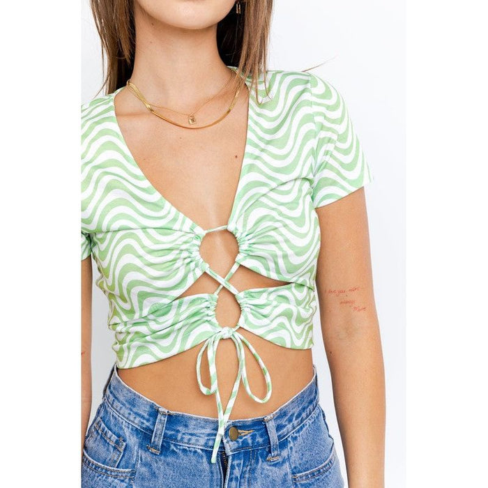 Short Sleeve Front Criss Cross Print Knit Top