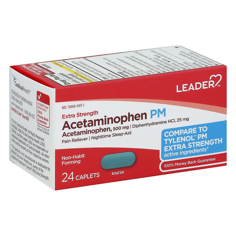Leader Leader Extra Strength Acetaminophen PM, 24 Caplets – Pain Reliever & Nighttime Sleep Aid Medicine & Drugs