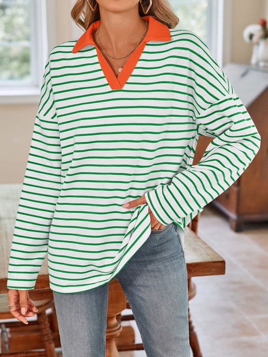 Striped Johnny Collar Long Sleeve T-Shirt