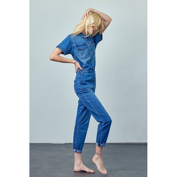 Collared Button Front Denim Jumpsuit