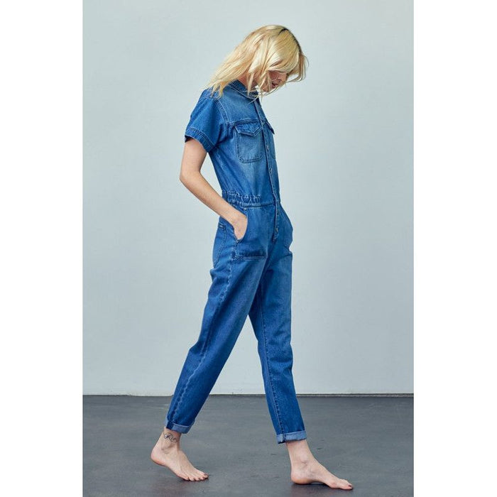 Collared Button Front Denim Jumpsuit