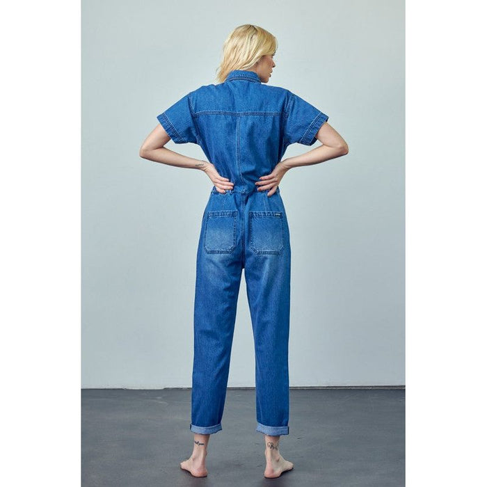 Collared Button Front Denim Jumpsuit