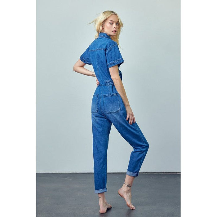 Collared Button Front Denim Jumpsuit