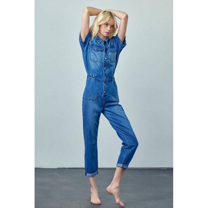 Collared Button Front Denim Jumpsuit