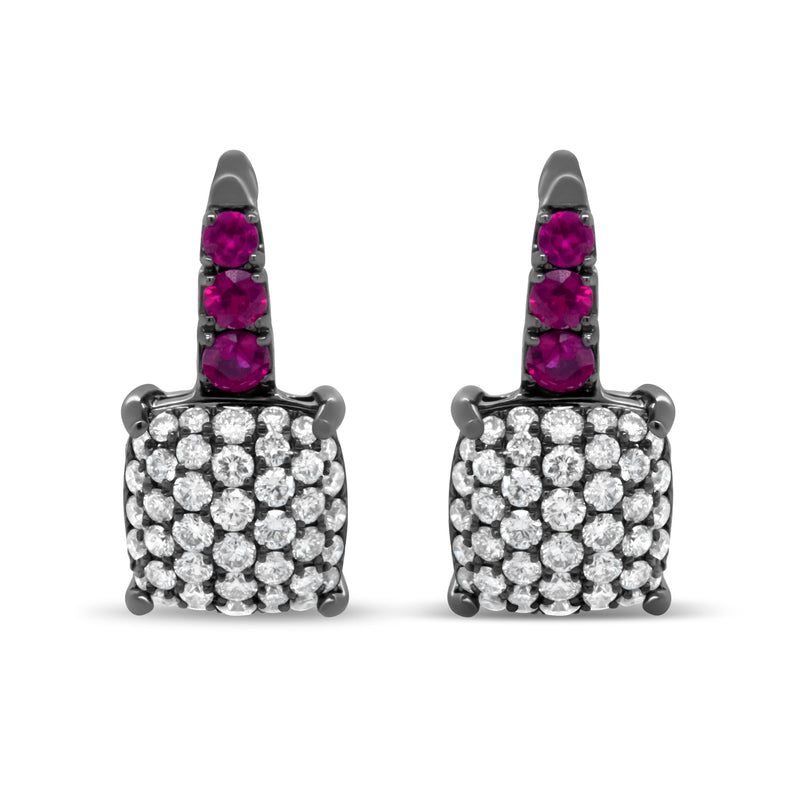 Bids.com Black Rhodium Plated 18K White Gold 7/8 Cttw Round Diamond and Graduated Red Ruby Drop Earrings (F-G Color, VS1-VS2 Clarity) Earrings