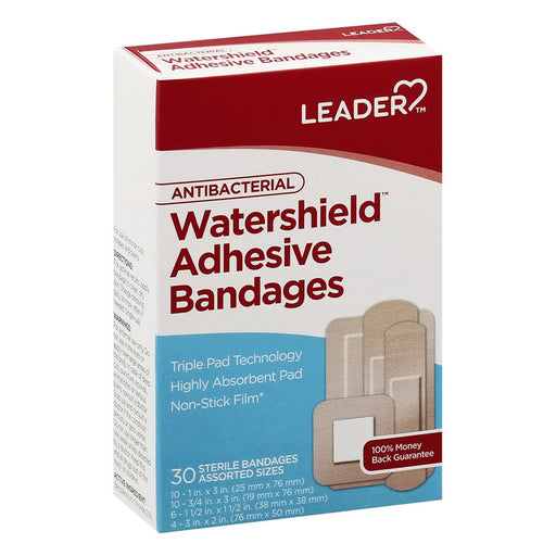 Leader Health Care Leader™ Antibacterial Watershield Adhesive Bandages – Assorted Sizes (30 Count) Medical Tape & Bandages