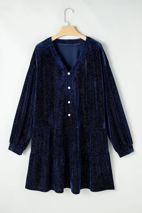 Textured Velvet Decorative Button Long Sleeve Dress