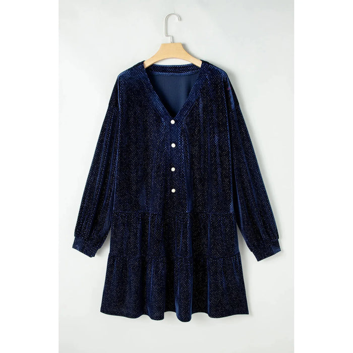 Textured Velvet Decorative Button Long Sleeve Dress