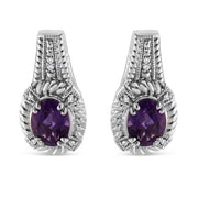 Bids.com .925 Sterling Silver 8x6 MM Natural Oval Purple Amethyst Gemstone and Diamond Accent Art Deco Style Drop and Dangle Earrings (I-J Color, I1-I2 Clarity) Earrings