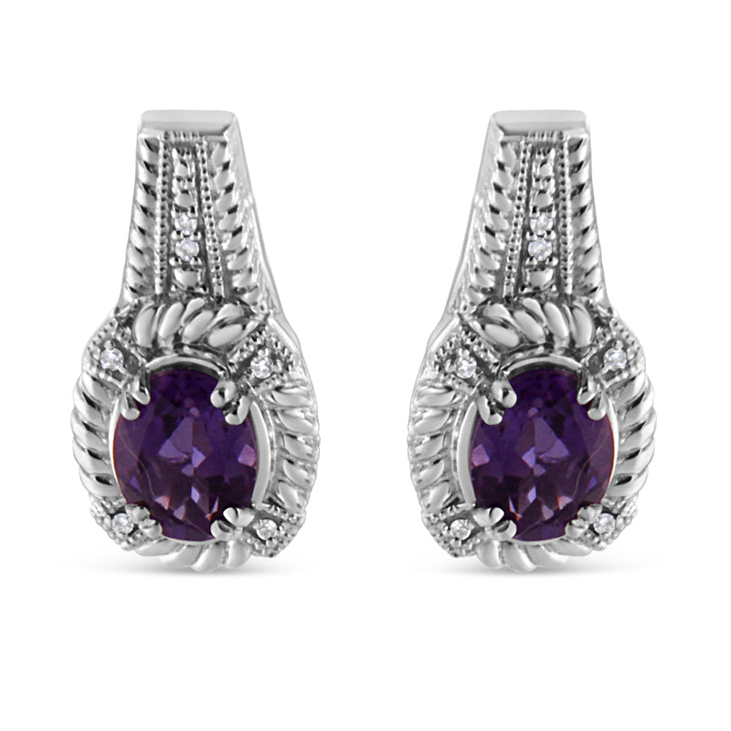 Bids.com .925 Sterling Silver 8x6 MM Natural Oval Purple Amethyst Gemstone and Diamond Accent Art Deco Style Drop and Dangle Earrings (I-J Color, I1-I2 Clarity) Earrings
